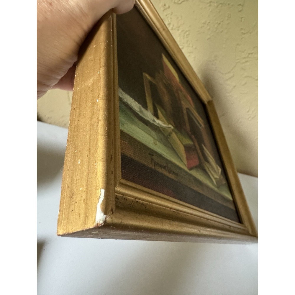 Vintage Frank Lean Original Oil Painting Still Life Books Vase Gold Frame Signed - Picture 9 of 9